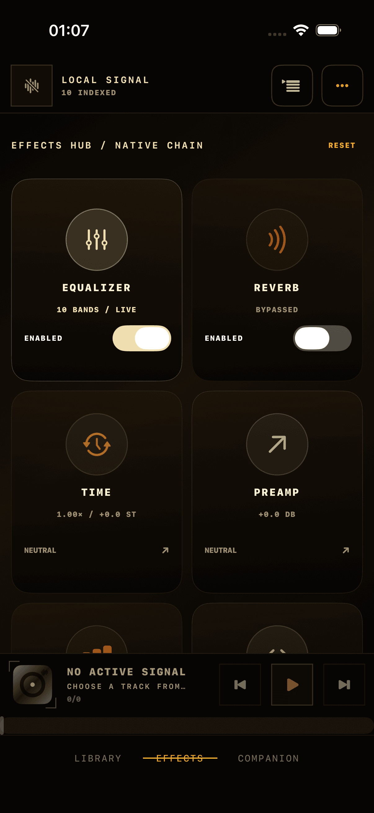 AntiiQ effects hub on iPhone in the Aurum theme